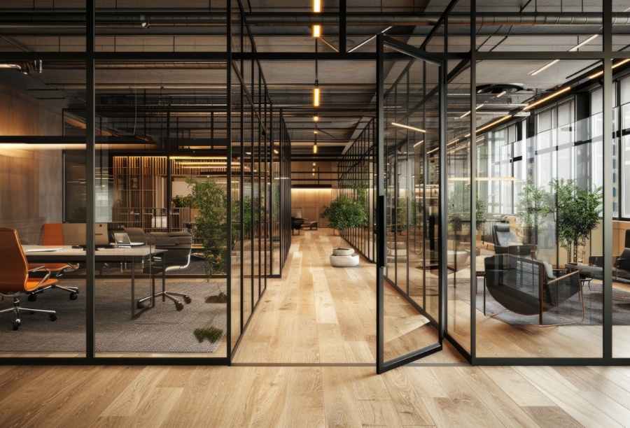 An Open Space Office With Glass Walls Generative Ai